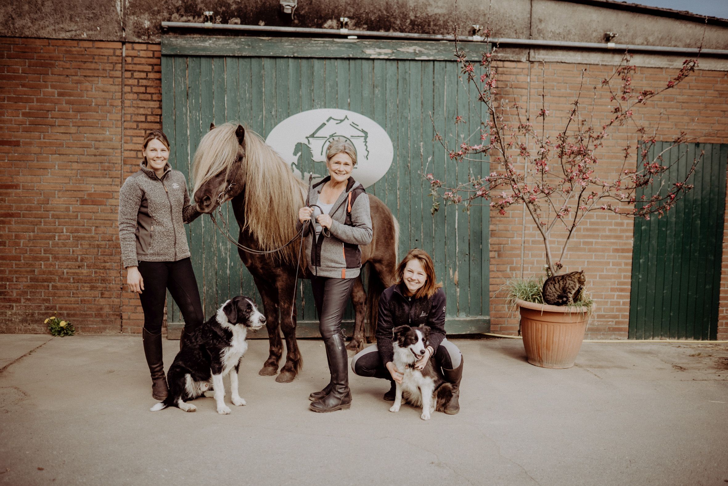 Anne, Susanne und Sabine Laue mit Islandpferd, Hund und Hofkatze vor dem Stall von Gestüt Borgarstadur